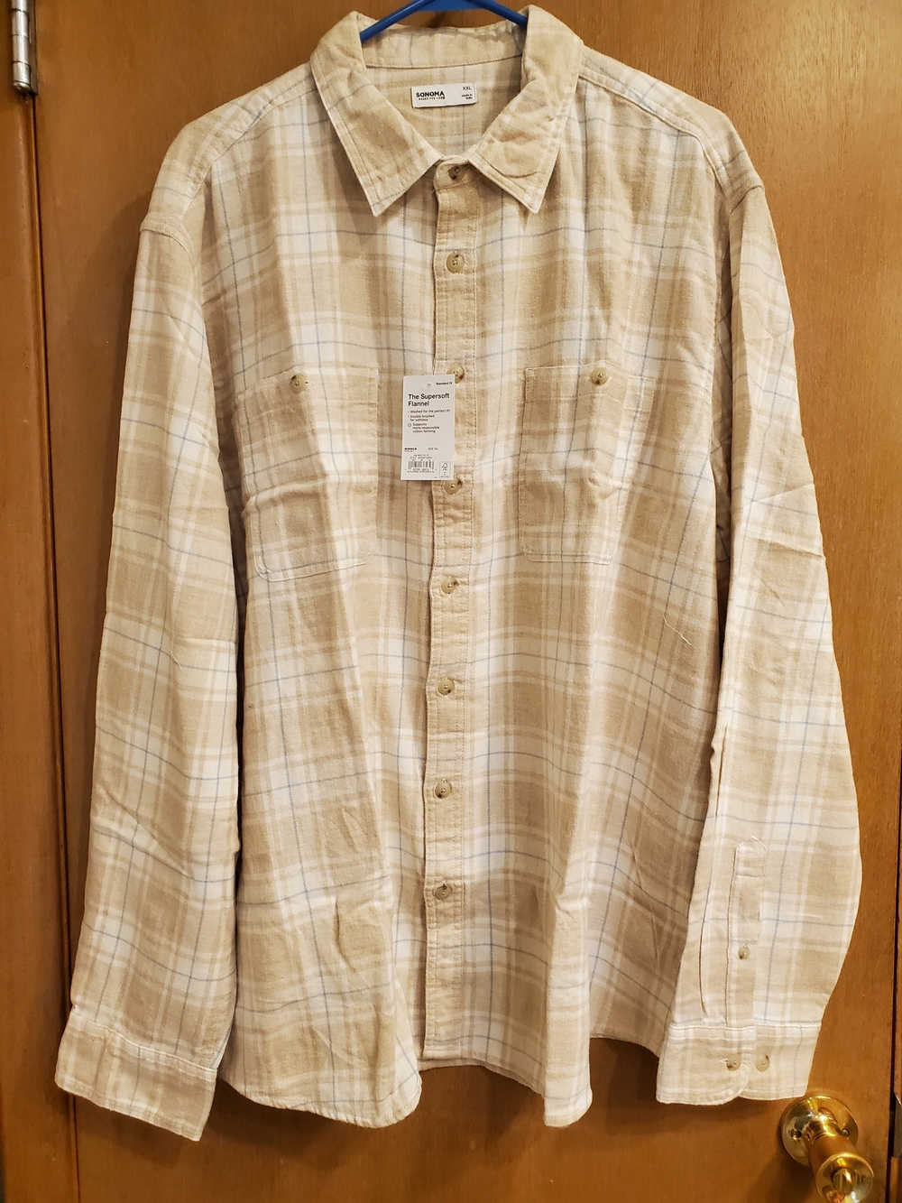 Sonoma Beige and White Plaid Flannel Button-Down Shirt